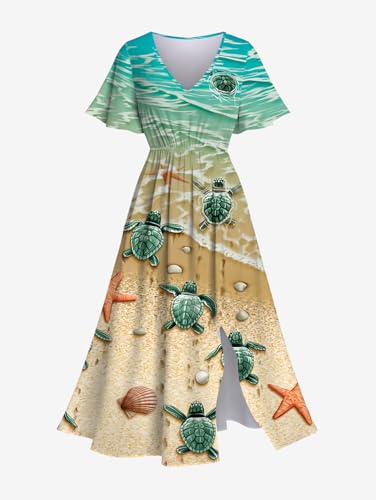 Image of Matchable Couple Hawaiian Sea Beach Starfish Turtle Shell Print Shirt or Plus Size Midi Split A Line Dress