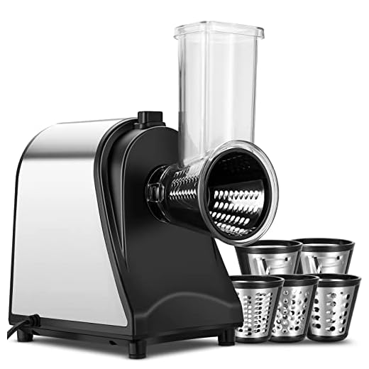 Electric Cheese Grater, 250W Upgraded 5 in 1 Professional Cheese Grater Electric Vegetable Slicer, Rotary Electric Slicer/Spiralizer for Veggies, Grated Carrots - Effortless and Efficient Grating
