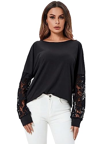 GORGLITTER Damen Pullover mit Spitzenarm Langarmshirt Casual Oberteile...