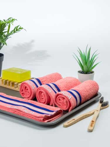 Image of NAUTICA Super Soft Zero Twist 100% Cotton Towel -4pc Face Towel (Vintage Crew Stripe) solid-coral-500 GSM