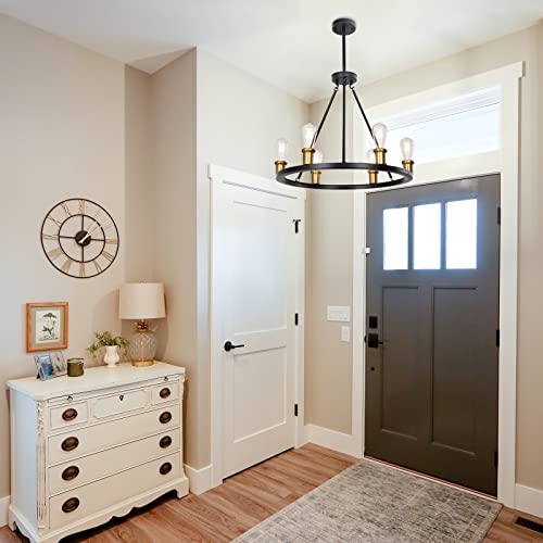 Merbotin 6-Light Farmhouse Wagon Wheel Chandeliers, Black And Brass Industrial Round Chandelier Rustic Ceiling Island Light For Dining Table, Living Room, Bedroom,Hallway, 22.83" Diameter #TOP5