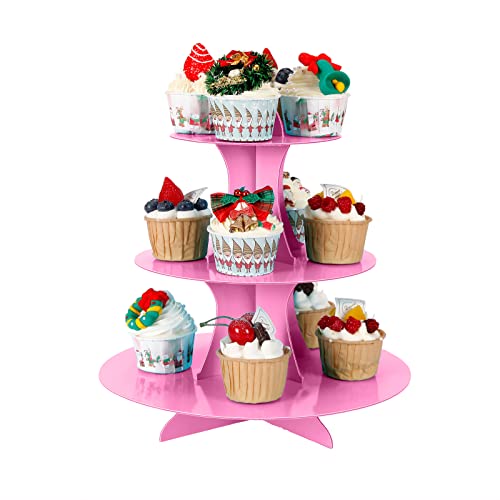 Yldw 3-Tier Cupcake Stand, Cake Stand Holder, Tiered Diy Cupcake Stand Tower For Dessert Table Displays, Birthday Theme Party Favors Decoration, Floral Tea Party, 12" W X 12.8" H, Pink #TOP2