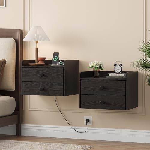 Floating Nightstand Set of 2 with 2 Storage Drawers and Charging Station Wood Wall Mounted Bedside End Table Modern Night Stands Set 2 for Bedroom,Small Space,Black