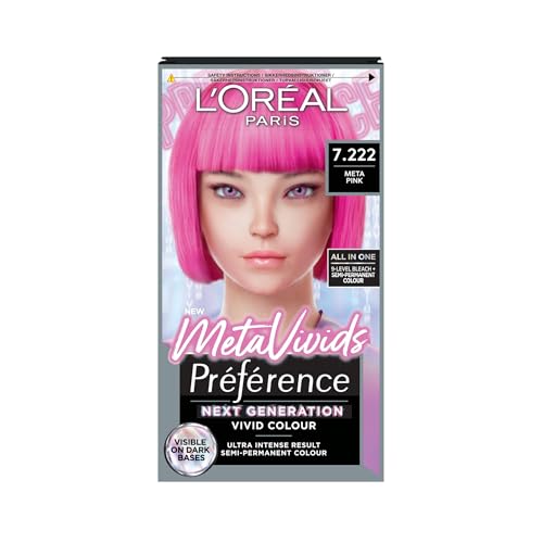 Preference Meta Vivids 7.222 Meta Pink: Permanent hair dye for vibrant long-lasting captivating colour. Achieve bold meta pink shades with remarkable intensity and luminous fade-resistant finish.