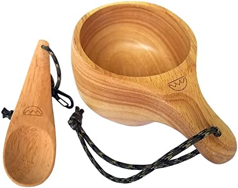 Coopers Bay "Kyrre Nordic Kuksa - Large Hand Carved Solid Wood Camp Mug & Spoon Set - This Eco-Friendly Camping Bowl and Spoon is a Great Addition to Your Family Camping Cooking Gear - 12.5 oz/350 ml