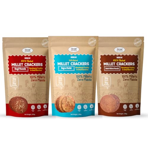 Image of NIHKAN Healthy Snacks Crackers - Zero Maida | 100% Millets | Gluten free Crisps | No Preservatives (Combo of 3 - Ragi, Bajra, Multi Millets)
