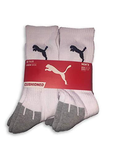 Puma Lifestyle Sports Men's Cushioned Crew Socks, 6 Pair (Sock 10-13, White/Grey)
