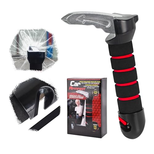 JIATUWAN Car Handle Assist for Elderly, 3 in 1 Car Door Handle with Window Breaker & Seatbelt Cutter, Vehicle Support Handle Up to 350lb, Auto Door Latch Handles for Elderly Seniors Handicapped (Red)