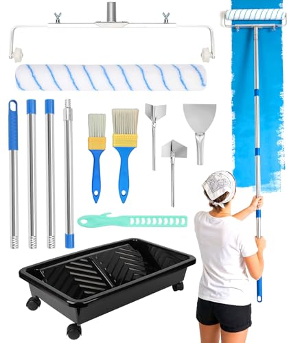 Qivine Kit de Rouleau de Peinture de 45 cm, 13 Pièces Kit de Peinture Complet avec 4 Perch Télescopique, Cadre Réglable, Bac à Roulettes, Pinceau, Spatule,...
