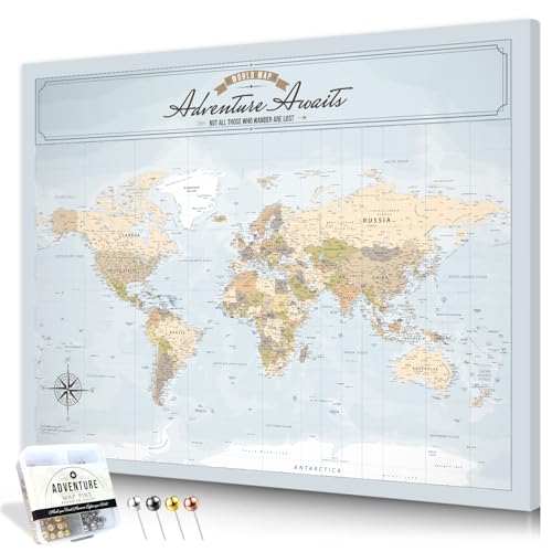 Image of IPIC - Blue Ocean World Map Pin Board Canvas Wall Art, Travel Map with Pins Included, Ready to Hang for Home or Office 30x24 Inch