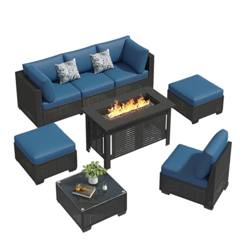 YODOLLA 6 Seater Outdoor PE Rattan Garden Furniture Set with Fire Pit Table, Patio Conversation Sofa Set with Thick Cushions & Side Table, Black Rattan with Dark Blue Cushions