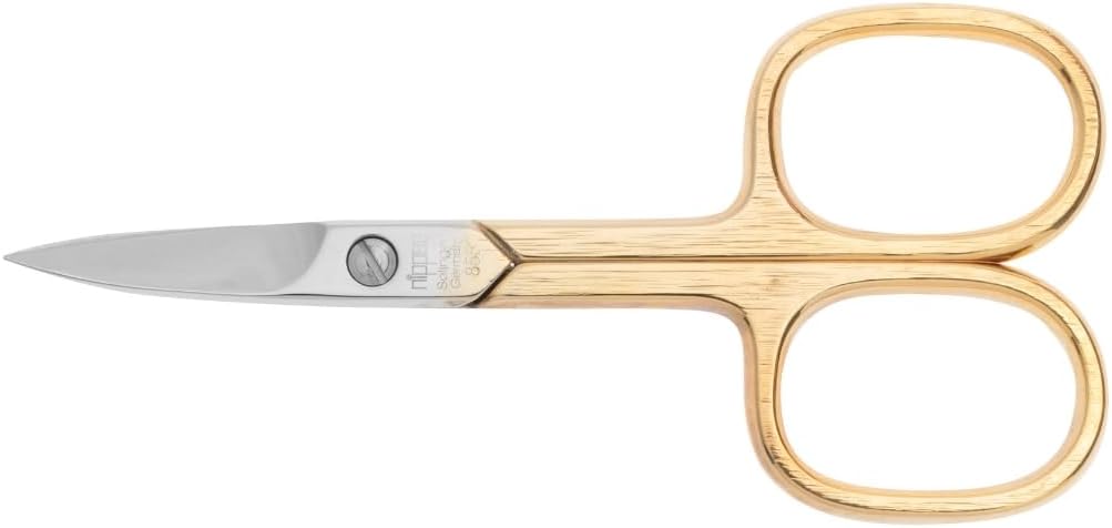 Solingen Nail Scissors Made of Hardened, Nickel-Plated Steel, 18 Carat Partially Gold-Plated, 9 cm, with Clasp and Curved Tip, for Pedicure and Manicure, Quality