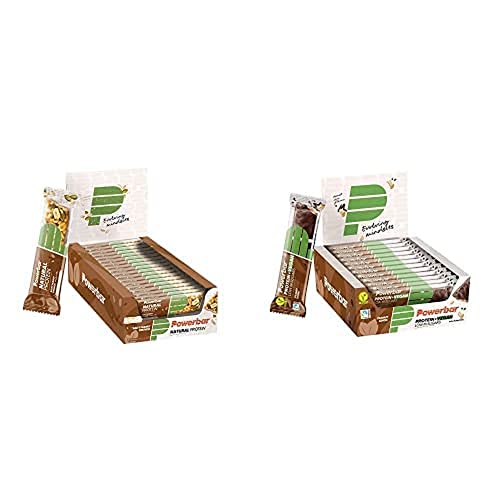 Powerbar Natural Protein Salty Peanut Crunch 1(24x40g) & Powerbar Protein+ Vegan Low in Sugars Peanut Chocolate
