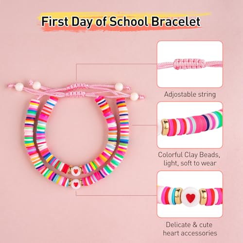 Image of First Day of School Mommy and Me Matching Bracelet Set kindergarden Pre-K Back to School Gifts Adjustable Heart Clay Bead Jewelry for Mother Daughter Dad Son