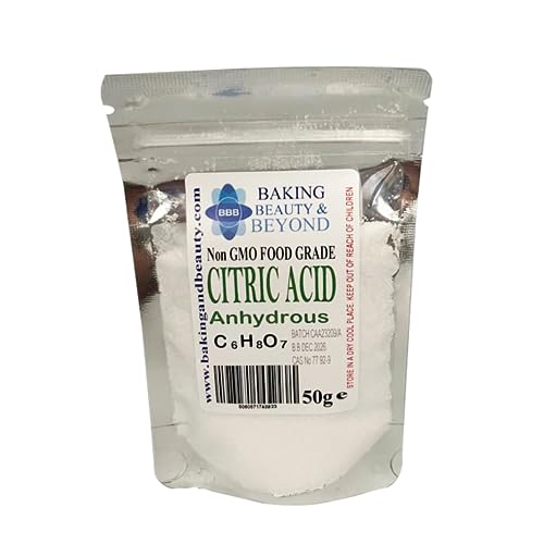 Baking Beauty and Beyond Food Grade Anhydrous Citric Acid - Non-GMO Premium Quality Acid Perfect for BathBomb Wine making cleaning descaling Food additive and cosmetics - 50g