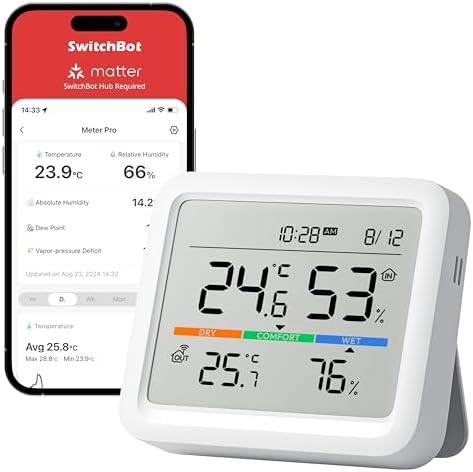 SwitchBot Hygrometer Thermometer Innen, Temperatursensor mit Datum/Wettervorhersage/Intelligenter Warnung, Kostenloser Datenspeicher-Export, SwitchBot Hub und Außenmeter erforderli