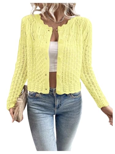 Image of GORGLITTER Women's Button Up Cropped Cardigan Fall Sweaters Lightweight Open Front Cute Long Sleeve Crochet Knit Tops
