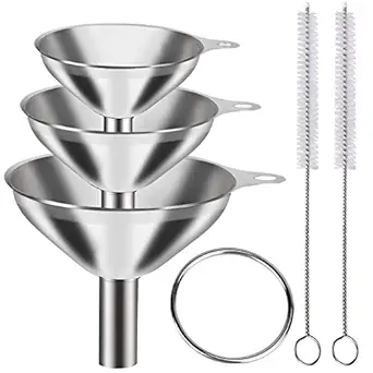 Metal Stainless Steel Funnel, Large Medium Small Funnel Set of 3, Food Grade Mini Funnels for Kitchen Use Filling Bottles Flask Cooking, 2 Brushes YLYL