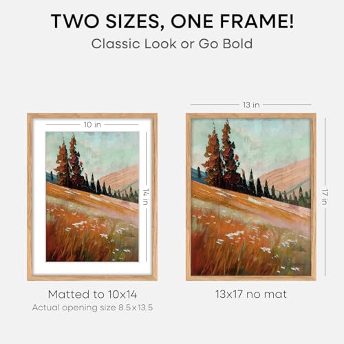 Image of Homeforia 13x17 Natural Oak Picture Frame, High-End Wood, 10x14 Mat, Glass | High End Solid Oak Wood, Tempered Glass, Acid-Free 10x14 Removable Mat, 13x17 Edge-to-Edge Display 17x13, Wall Kit, Set Of 1