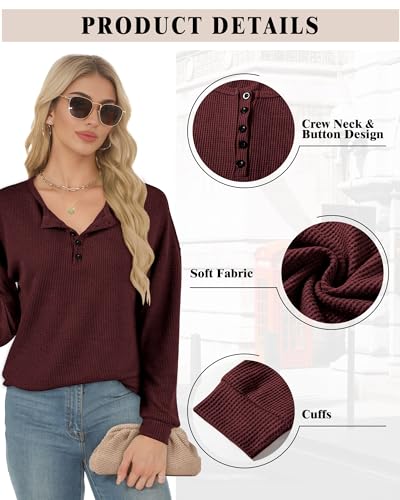 Image of AURUZA Long Sleeve Shirts for Women Henley Shirts Waffle Knit Tops Casual Loose V Neck Tunic Tops Fall Outfits Waffle TShirt