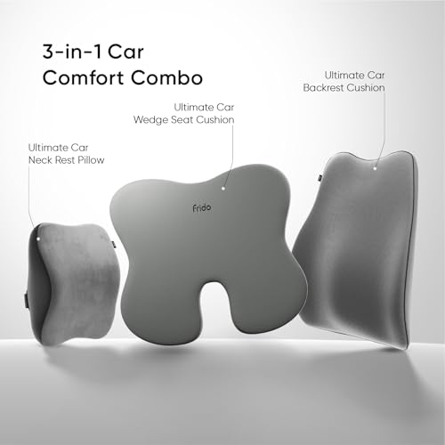Image of Frido Ultimate Car Comfort Combo | Neck Rest, Backrest & Wedge Seat Cushion Combo of 3 | Ergonomic Neck, Back & Seating Support | Driving & Daily Commutes | Posture Correction | Universal Fit | Grey