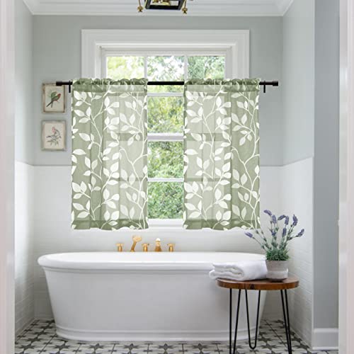 Image of XTMYI Boho Curtains for Kitchen Window Green Leaf Sheer Small Curtains for Bedroom Bathroom 30 Inch Length Sage