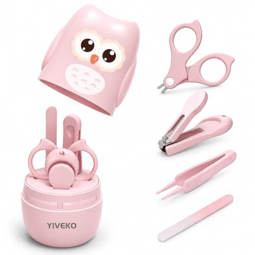 YIVEKO Baby Nail Kit, 4-in-1 Baby Nail Care Set with Cute Case, Baby Nail Clippers, Scissors, Nail File & Tweezers, Baby Manicure Kit and Pedicure kit for Newborn, Infant, Toddler, Kids-Owl Pink