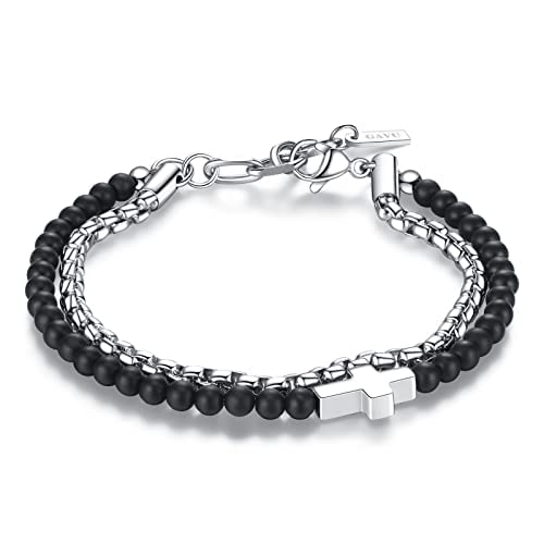 GAVU Pulsera Cruz para Hombre con Doble Hilo de Cuentas de Cristal de Ónice Mate y Acero Inoxidable Cover