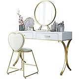  ZUMAHA Délicat Bureau de vanité Minimaliste Moderne, Dressing de Princesse en Fer forgé avec Miroir Rond, Ensemble de vanité avec Chaise de Maquillage Ergonomique Coiffeuse