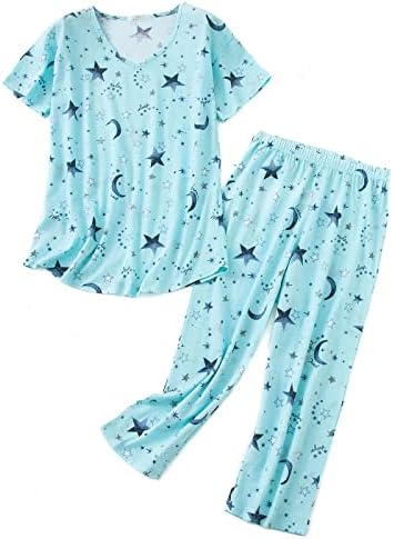 Women Short Sleeve Pajama Set Tops with Capri Pants Cartoon Print Sleep Shirt Two Piece Sleepwear Pj Set Green Star 2XL