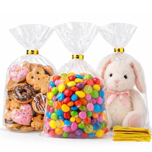 WIKDAY Cellophane Bags 100 PCS 6x10 Inches Clear Gift Gags with Ties Plastic Treat Party Favor Candy Bags for Gift Giving Packaging Snack Products