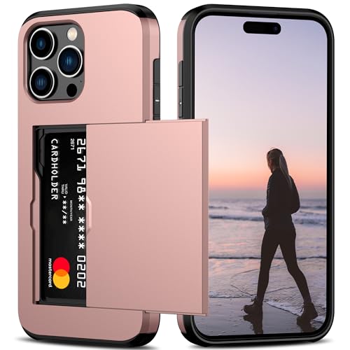 Nvollnoe Compatible with iPhone 15 Pro Max Case with Card Holder Heavy Duty Protective Dual Layer Shockproof Hidden Card Slot Slim Wallet Phone Cover for Women&Men 6.7 inch(Rose Gold)