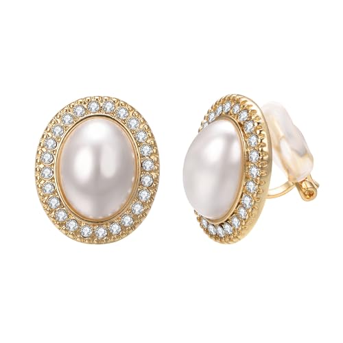Yoursfs Oval Big White Pearl Clip on Earrings For Women Non Pierced 18K Gold Plated Pearl Clip on Earrings Cubic Zirconia Wedding Fashion Jewelry