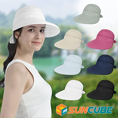 SUN CUBE Chapéu de sol feminino para proteção UV ao ar livre, chapéu de sol de aba larga, rabo de ca