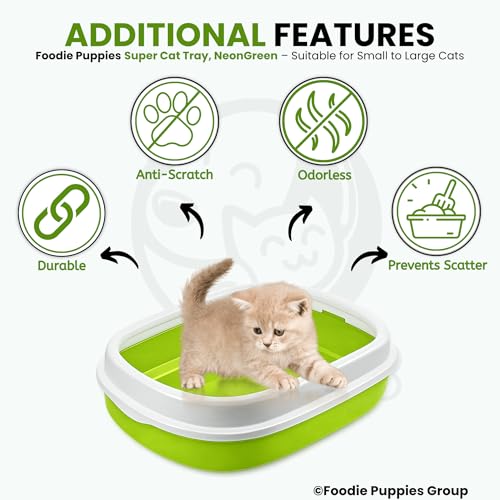 Image of Foodie Puppies Cat Litter Box Tray with Rim and Scooper - (Neon Green) (Large, 46 x 38 x 13 cm) | Semi-Closed Design and Durable Quality | Pet Litter Sand Tray Suitable for All Adult Cats & Kittens