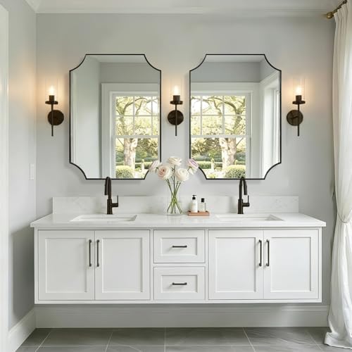 Image of MIRRORART 24x32'' Black Scalloped Bathroom Vanity Mirror for Wall