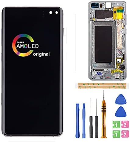 [Prism White Frame] for Samsung Galaxy S10+ Plus G975 G975F/DS G975U G975U G975W AMOLED LCD Digitizer Screen Touch Assembly Display Replacement Part 6.4 inch (White)