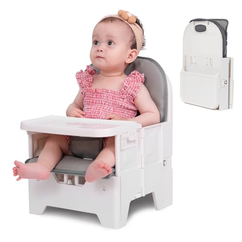 Image of BABELIO Portable Booster Seat for Kitchen Chair with PU Waterproof Cushion, Compact Folding High Baby Chair for Travel with Feeding Tray, Great for Baby, Dining Table, Camping, Beach, White Grey