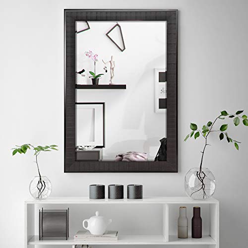 Head West Luxury Rustic Textured Framed Wall Mirror With Beveled Edge | Vintage Art Wall Hang Perfect Frame For Vanity, Bedroom And Bathroom, Horizontal And Vertical Mount - Brown 27.5 X 33.5 Inch #TOP6