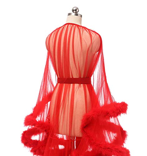 Yexinbridal Tulle Feather Robe Sexy Sheer Mesh Fur Bridal Illusion Boudoir Bathrobe Nightgown Christmas Lingerie Black L/Xl #TOP4