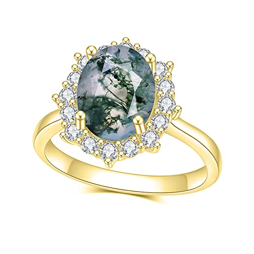 Gem's Beauty Moss Agate Rings 14k Gold Engagement Rings Women in 925 Sterling Silver Rings