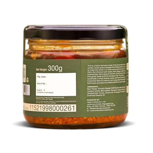 Image of Two Brothers Organic Farms Spicy Mango Pickle (300g) Handmade with Native Gavran Kairi | Wood-Pressed Sesame Oil | No Vinegar, Additives or Preservatives | Traditional Family Recipe