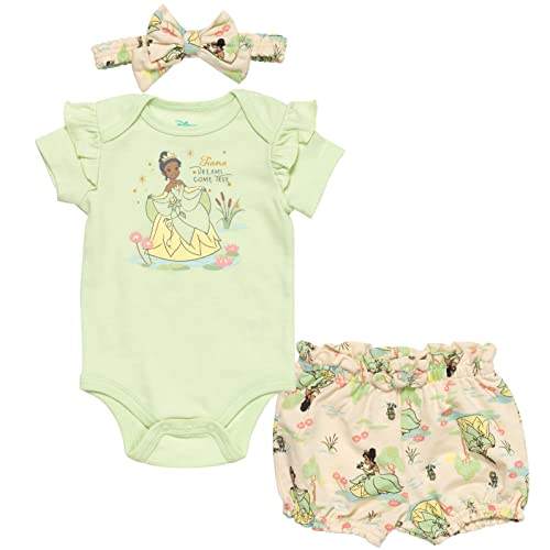 Image of Disney Baby Girls Bodysuit, French Terry Bubble Shorts & Headband 3 Piece Outfit Set Newborn to Infant Sizes (0-24 Months)