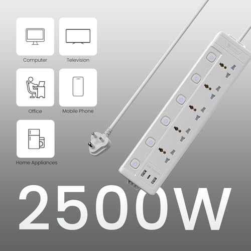 Portronics Power Plate 20 Extension Board with 5 Universal Power Sockets, 3 Meter Long Cord, 2500W Power Extender, 6 Individual Power Switches - Image 2