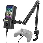 TONOR Gaming Microphone Compatible with Xbox, RGB Condenser Streaming Mic, Low Noise, Gain Control, One Tap Mute, Compatible with Capture Card, 200 cm Cable, Boom Arm, Black, TCX3+