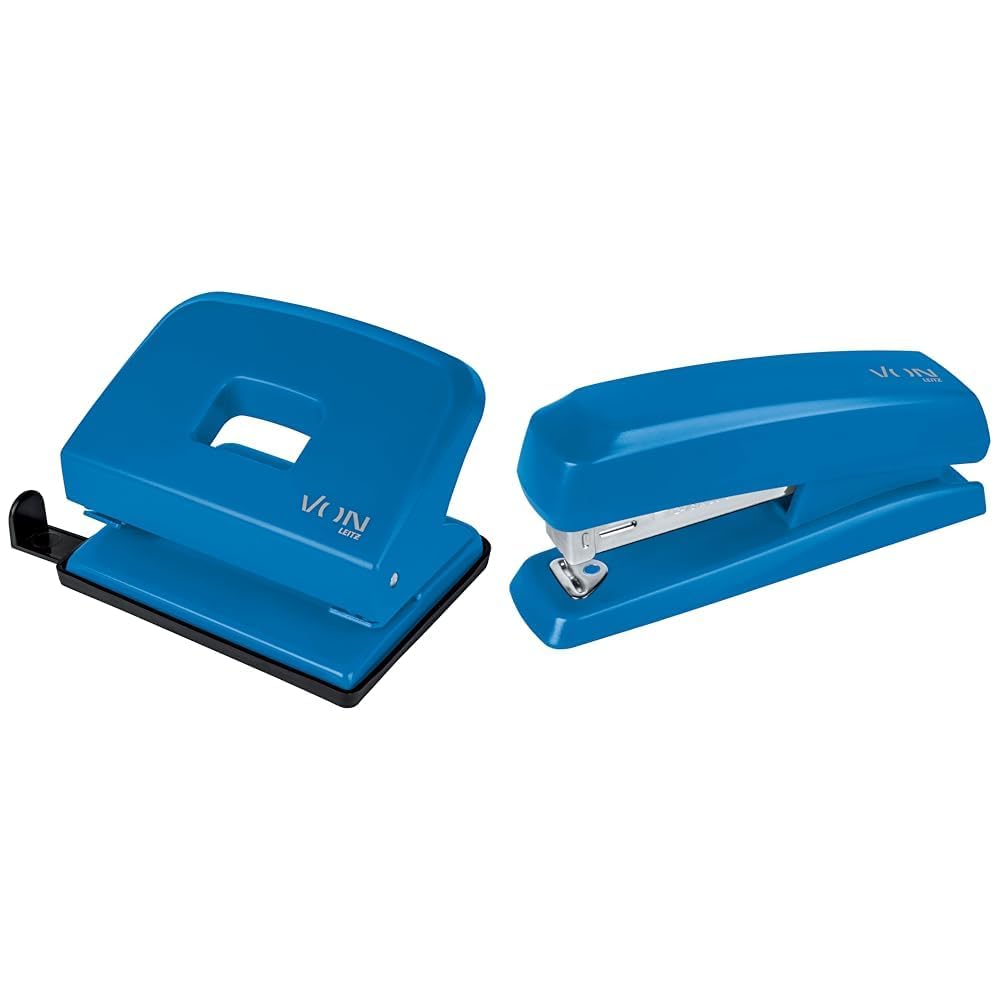 VON Leitz Set Locher & Heftgerät, Für 20 Blatt, Anschlagschiene mit Formatangaben, Kompakte Größe ideal für zu Hause, im Büro oder in der Schule, Metall und Kunststoff, Blau, 50200035 + 56200035