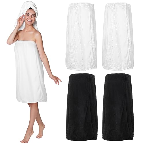 Image of 4 Pcs Towel Wrap for Women Waffle Spa Robe with Adjustable Closure Elastic Top Lightweight Wraps for Bath Shower