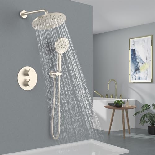 Image of Iriber Thermostatic Shower System Wall Mount with 10 Inch Roud Rainfall Shower Head and Handheld,Shower Faucet Mixer Trim Kit (Valve Included),Brushed Nickel