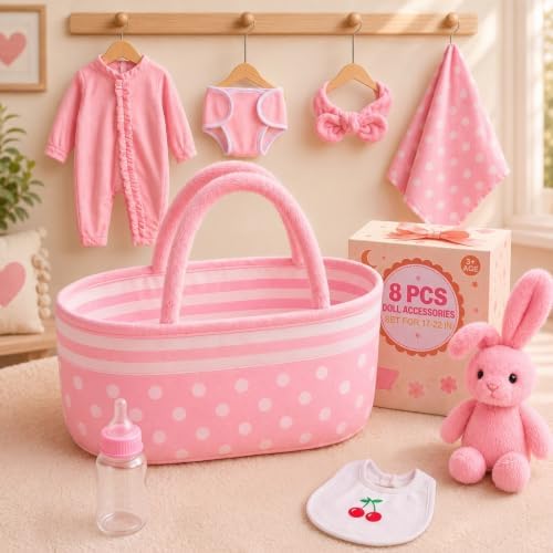 BABESIDE 8PCS Baby Doll Accessories Set with Bassinet for 17-22 Inch Dolls