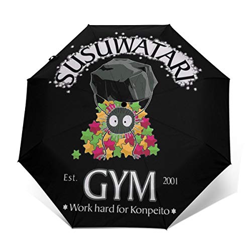 Suswatari Gym Soot Sprite Spirited Away Windproof Compact Auto Open And Close Folding Umbrella,Automatic Foldable Travel Parasol Umbrella